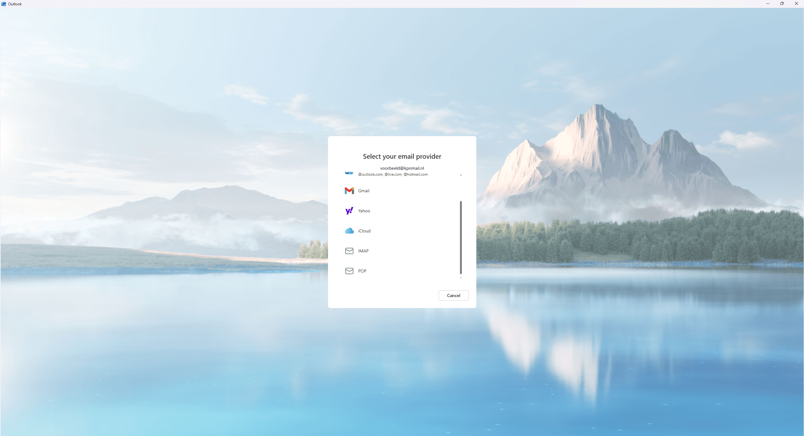 Het scherm 'Select your email provider' in Outlook met de optie IMAP in de lijst