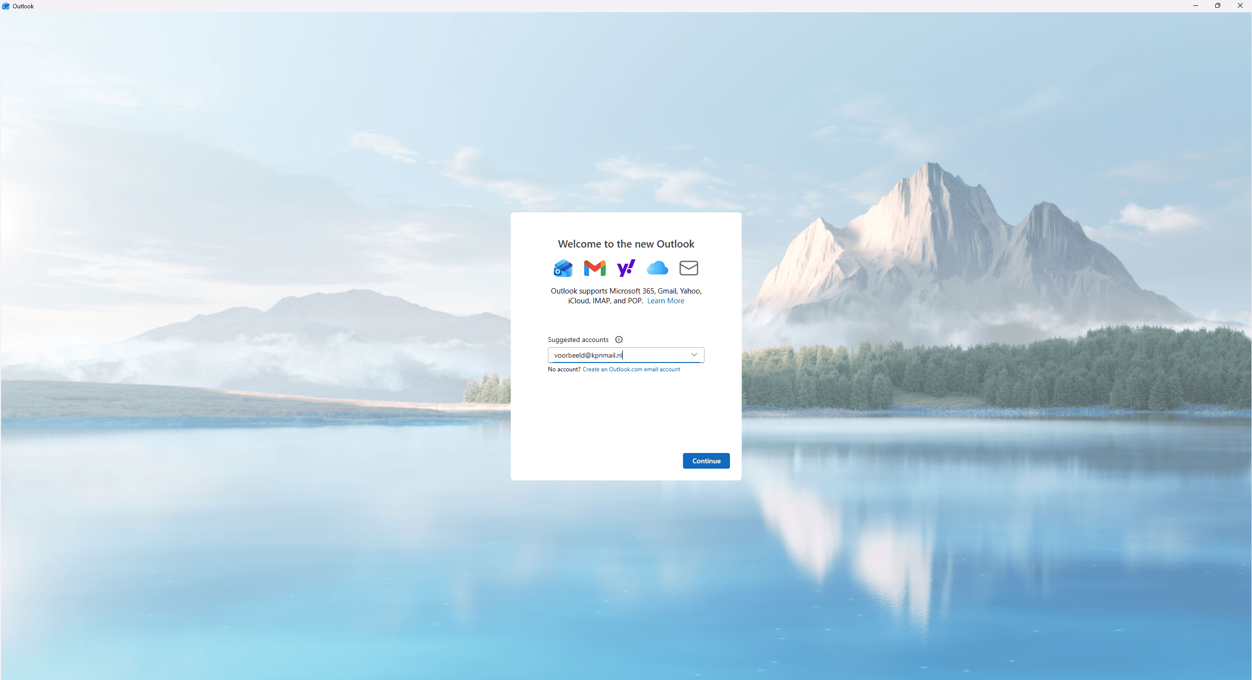 Het welkomstscherm van de nieuwe Outlook waarin een kpnmail.nl e-mailadres wordt ingevuld